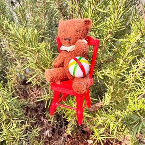 VTG Miniature Felt Teddy Bear Red Chair Beach Ball Ornament Cute Collectible